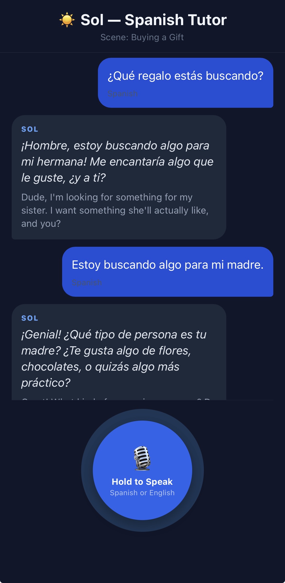 Sol role-play conversation with Spanish reply and correction